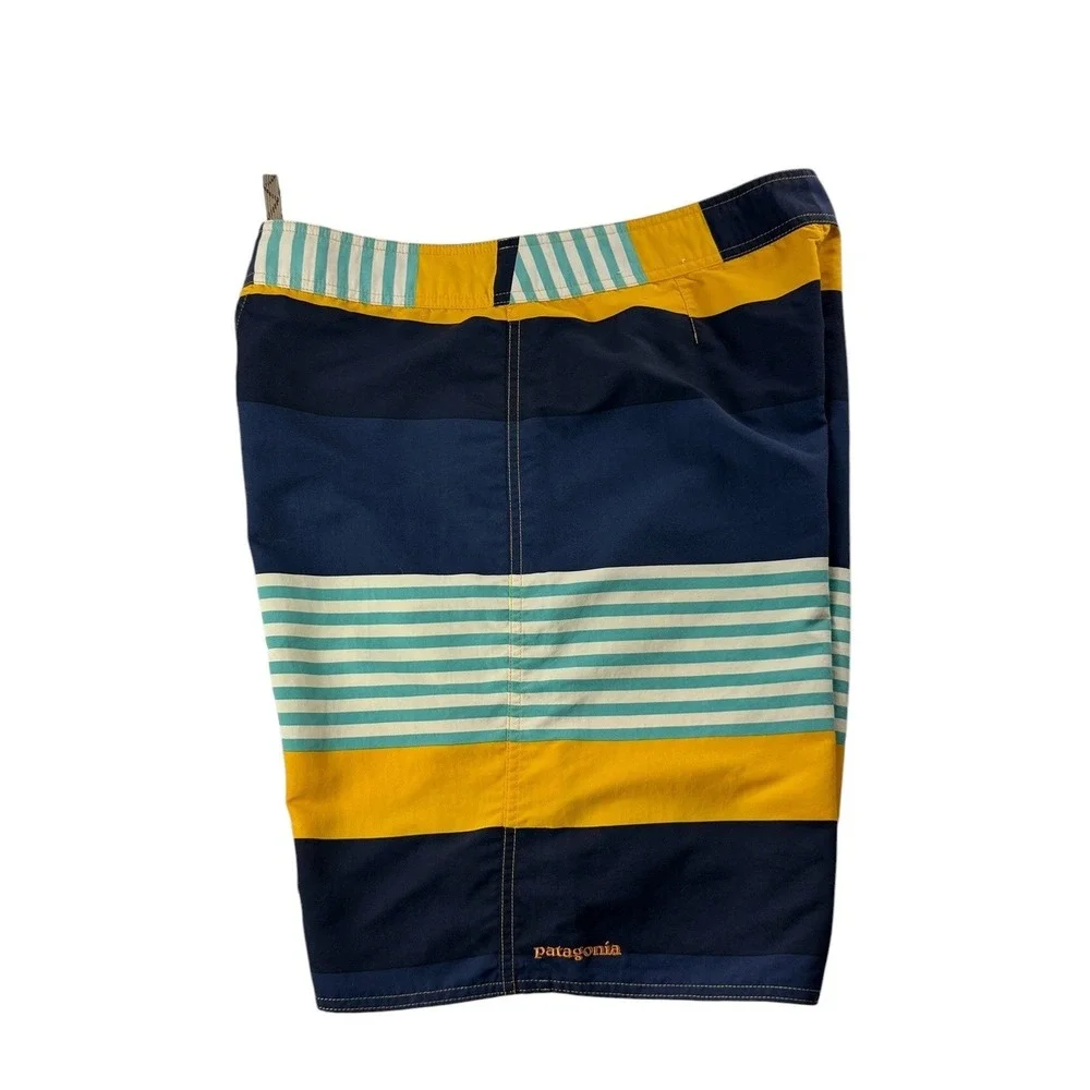 Patagonia Mens 34 Board Shorts Blue Yellow Striped Nylon Mesh Lined Swim Trunks